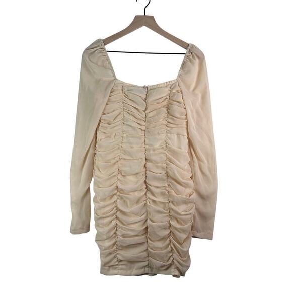 Cream Ruched Long Sleeve Mini Prom Dress Sheer Sleeves Square Neck‎ Bodycon Sz S - Picture 13 of 16